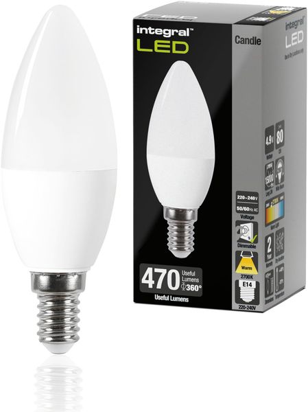Integral LED E14 Warm 2700K, 470LM, 4.9W (entspricht 40W) Dimmbare Milchglas-Kerzenlampe - 4 Packung - Energieeffizient. Für Lampen & Kronleuchter im Wohnzimmer, Esszimmer, Schlafzimmer & mehr