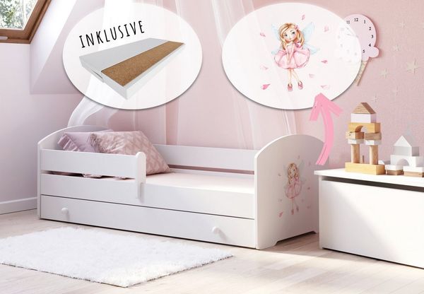 Kinderbett 160x80 cm mit Matratze und Schublade, Rausfallschutz & Lattenrost wahlweise im Dinosaurier oder Prinzessinnen Design Skandi Prinzessin