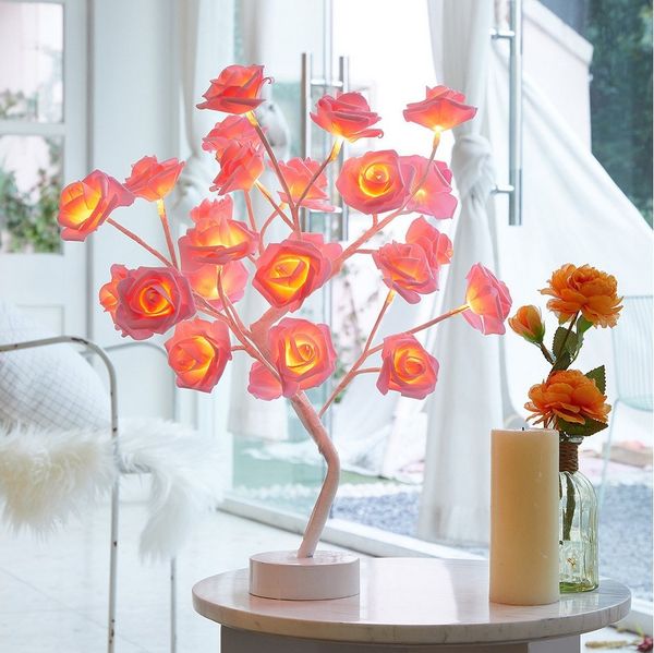 MUPOO LED Baum Rosenblütenbaum Licht für Tischplatte, LED-Tisch-Bonsai-Baum Lichtdekor, Rosa Rose, weiße Basis, LED fest integriert, für Valentinstag,Zuhause,Hochzeit