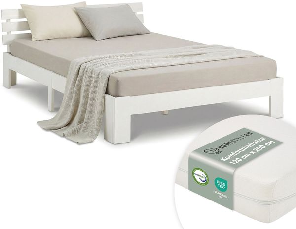 Homestyle4u Futonbett, massives Kiefernholz, Weiß, 120x200 cm, mit Matratze