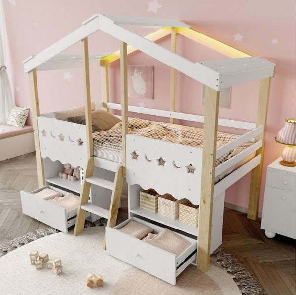 Ulife Kinderbett Halbhohes Bett Hausbett mit App-gesteuerter LED-Beleuchtung (Ohne Matratze), Hochbett in Hausform, mit 2 Schubladen