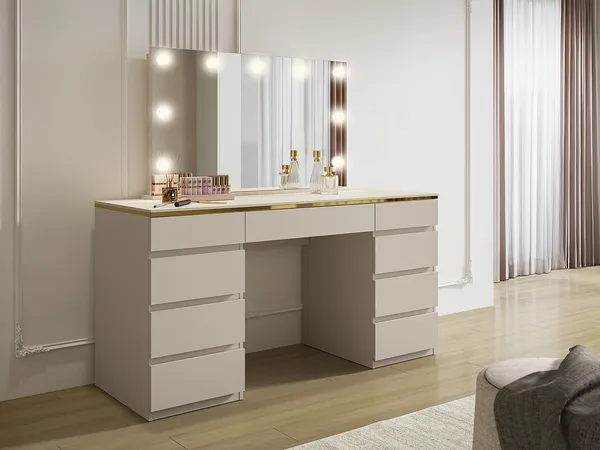 Vente-unique - VUKIA Schminktisch Holz, Platte Beige - B 55 cm x H 145,6 cm x L 156,8 cm