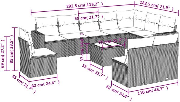 vidaXL 11-tlg. Garten-Sofagarnitur mit Kissen Grau Poly Rattan 3251457 Bild 3