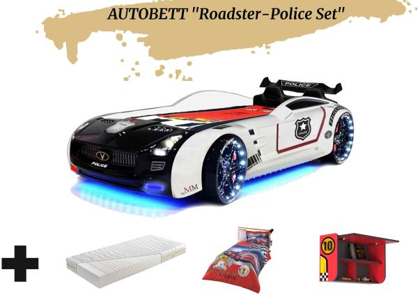 Autobett Kinderbett "Roadster Police" LED Sound Sportsitze Lattenrost Spoiler 90x190 cm Creativ Fresh Plus H2, mit Bettwäsche, Wandregal mit Klappe