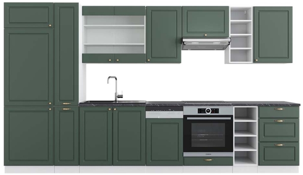 Küchenzeile Fame-Line Grün-Gold Landhaus/Weiß 355 cm , AP Anthrazit Vicco