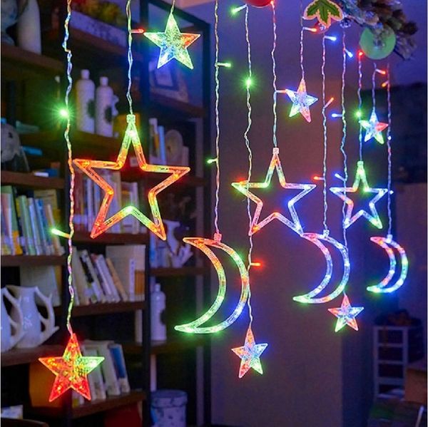 MUPOO Lichterkette LED Lichterketten,3M Stern Mond Lichtervorhang LED Vorhang Licht, 8 modi,120LEDs,für Weihnachten Party Wohnzimmer Deko Innen Außen