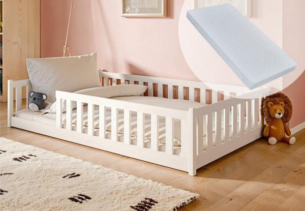 Kinderbett Bodenbett 120x200 cm mit Matratze, Rausfallschutz & Lattenrost Montessori Bett Bed Gitterbett Kinder Jugendbett Einzelbett | weiß weitere Größen 80x160 | 90x200 | 140x200 cm
