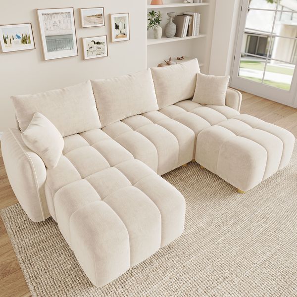 Merax L-/U-förmiges wandelbares Ecksofa, 5-Sitzer modulare Sofakombination mit 2 Hockern und Kissen, Chenille-Stoff, Cloud-Sofa, breite Armlehnen, Beige