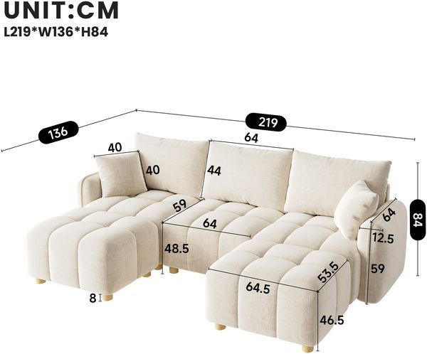 Merax L-/U-förmiges wandelbares Ecksofa, 5-Sitzer modulare Sofakombination mit 2 Hockern und Kissen, Chenille-Stoff, Cloud-Sofa, breite Armlehnen, Beige Bild 4