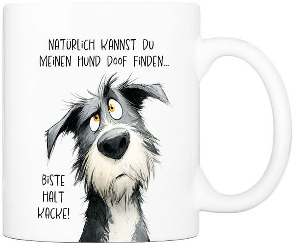 Cadouri Tasse 'Doof finden' Kaffeetasse mit Spruch - Geschenk für Hundefreunde, Keramik, mit Hundespruch, beidseitig bedruckt, handgefertigt, Geschenk, 330 ml