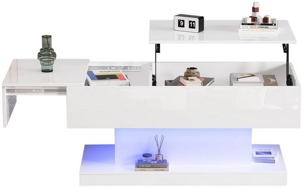 Merax Couchtisch (100x50x45 cm), hochglanz mit hydraulischer Lift und Stauraum inkl. LED, Lift-Teetisch