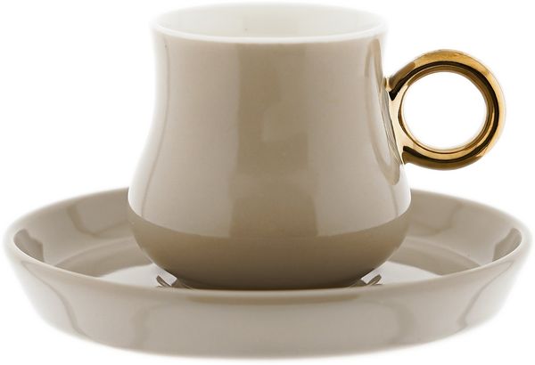 12-teiliges Mokkatassen Set aus hochwertigem Porzellan, 100 ml - Taupe/Gold