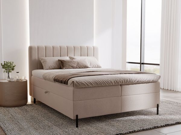 GRAINGOLD Primavera Boxspringbett 180x200, Boxspringbett, Kopfteil, mit hohe Beine, Velour-Stoff, Beige