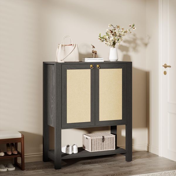 5-Stöckiger Schuhschrank Mit Rattanfront Und Kreisförmigem Metallgriff, Eingangsschrank Mit Verstellbaren Befestigungen Und Offenem Regal, Böhmischer Schuhhalter, Für Flur, Wohnzimmer, 80 x 36 x 99 cm