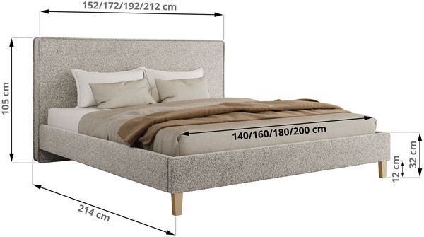 Design Polsterbett LUMARO CLASSIC 180 x 200 cm mit Lattenrost & 12cm hohen Füßen, Doppelbett mit Kopfteil, Konfigurierbar, Foam Matratze - Hellgrau Strukture - MIRO LUX Bild 4