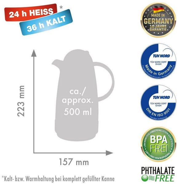 ROTPUNKT Isolierkanne 0,5 ltr. hochwertig I Glaseinsatz I BPA Frei I 24 Std warm 36 std kalt, 0,5 l, (Kaffeekanne I Teekanne, 200 black/summer squash), Glaskolben aus doppelwandigem Rosalin-Glas