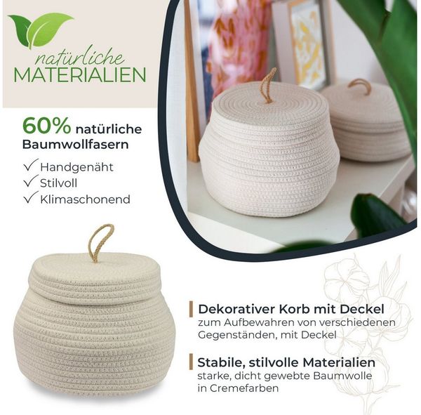 HMF Aufbewahrungskorb Aufbewahrungskorb Badezimmer rund, Korb mit Deckel aus Baumwolle, Hoch, 25,5 x 19 cm, Creme