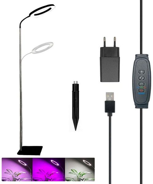 MUPOO Pflanzenlampe 72s LED Bodenpflanzenlicht Vollspektrum Pflanzenlicht,3/9/12H Timer, USB mit EU-Adapter, LED fest integriert, 10 Dimmbare Helligkeit, 25-155cm Höhenverstellbar,Stand-& Erdsteckbar