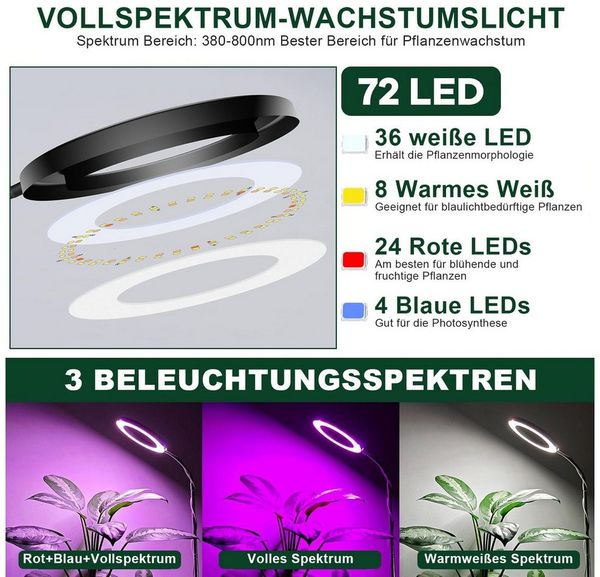 MUPOO Pflanzenlampe 72s LED Bodenpflanzenlicht Vollspektrum Pflanzenlicht,3/9/12H Timer, USB mit EU-Adapter, LED fest integriert, 10 Dimmbare Helligkeit, 25-155cm Höhenverstellbar,Stand-& Erdsteckbar Bild 4