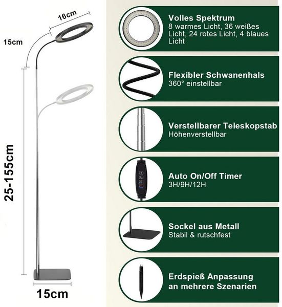 MUPOO Pflanzenlampe 72s LED Bodenpflanzenlicht Vollspektrum Pflanzenlicht,3/9/12H Timer, USB mit EU-Adapter, LED fest integriert, 10 Dimmbare Helligkeit, 25-155cm Höhenverstellbar,Stand-& Erdsteckbar Bild 2