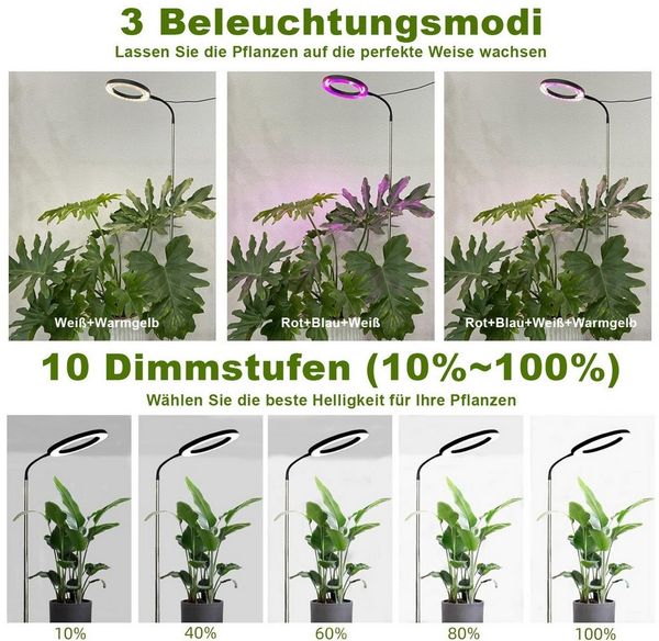 MUPOO Pflanzenlampe 72s LED Bodenpflanzenlicht Vollspektrum Pflanzenlicht,3/9/12H Timer, USB mit EU-Adapter, LED fest integriert, 10 Dimmbare Helligkeit, 25-155cm Höhenverstellbar,Stand-& Erdsteckbar Bild 3