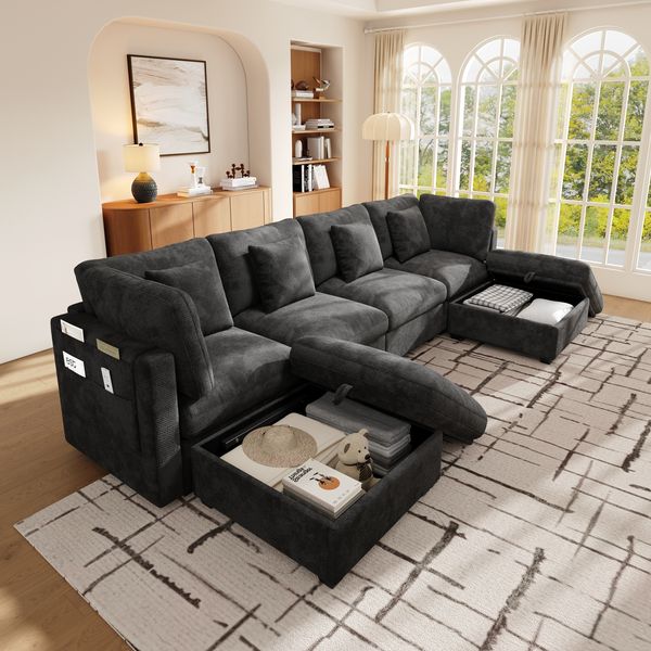 Merax U‑/L‑förmiges Ecksofa, 6‑Sitzer Modulsofa mit 2 beweglichen Fußhockern mit Stauraum, Armlehnen‑Seitentaschen und 4 Kissen; Chenille‑ und Waffelstruktur‑Stoff, grau