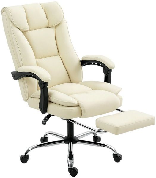 HOMCOM Schreibtischstuhl mit Fußstütze, Kunstleder-Bezug, rollbar, drehbar (Drehstuhl, 1 St), für Arbeitszimmer, Büro, Beige
