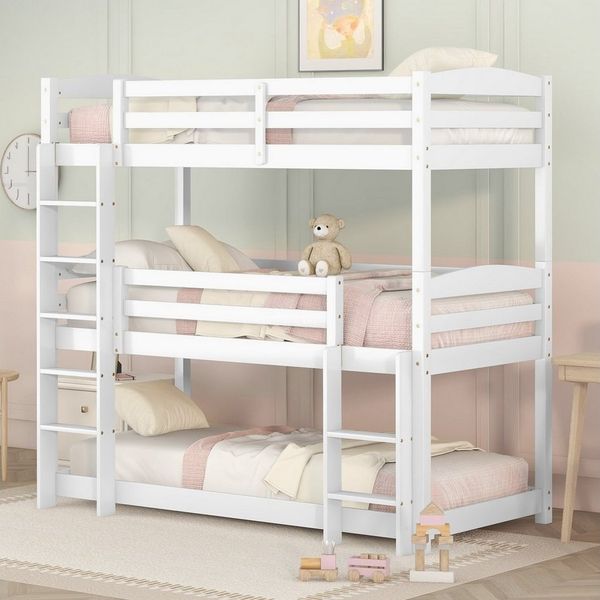 Flieks Etagenbett (mit 2 Leiter und 2 Set Lattenrost), Dreier-Etagenbett Hochbett Kiefernholzbett Kinderbett 90x200cm
