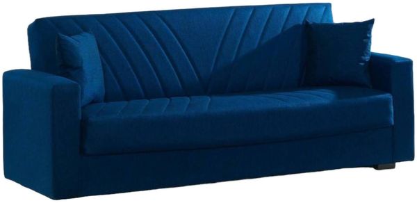 Dmora 3-Sitzer Schlafsofa Adda, lineares Sofa mit Stauraum und 2 Kissen, Wohnzimmersofa aus Stoff mit Klick-Klack-Öffnung, 214 x 81 x 89 cm, Blau