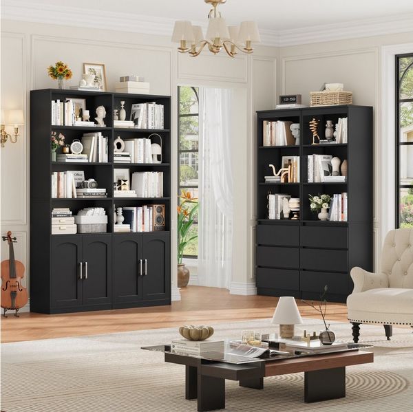 Homfa Bücherregal Standregal Büroregal Bücherschrank, mit 8 offenen Fächern und 4 Türen, Holz, 115x27x185,5 cm