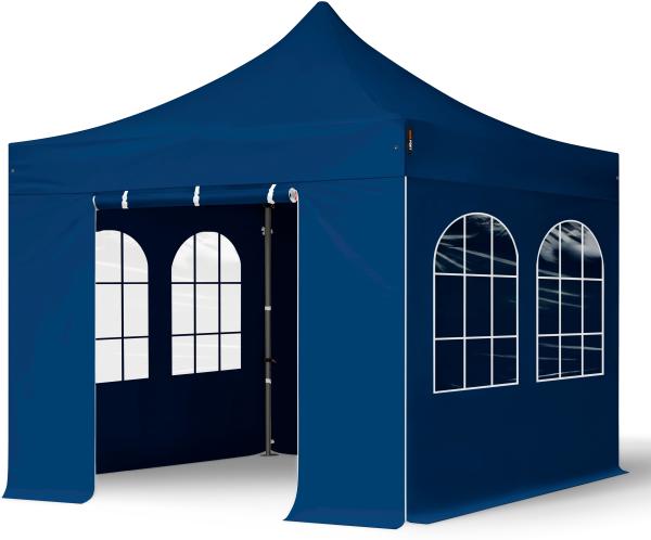 3x3 m Faltpavillon, PREMIUM Stahl 40mm, Seitenteile mit Sprossenfenstern, blau