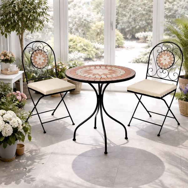 3tlg Mosaik Sitzgarnitur Bistromöbel Gartengarnitur Tisch Stühle Set