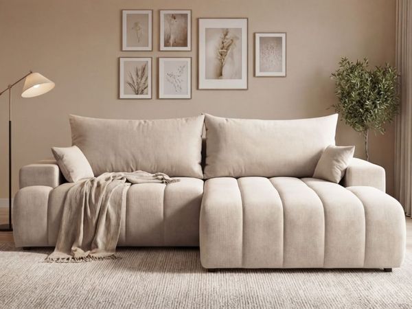 GRAINGOLD Ecksofa L-Form Caleo, Wohnzimmer Ecksofa, mit Schlaffunktion und Bettkasten, Velour-Stoff, Beige, Rechts