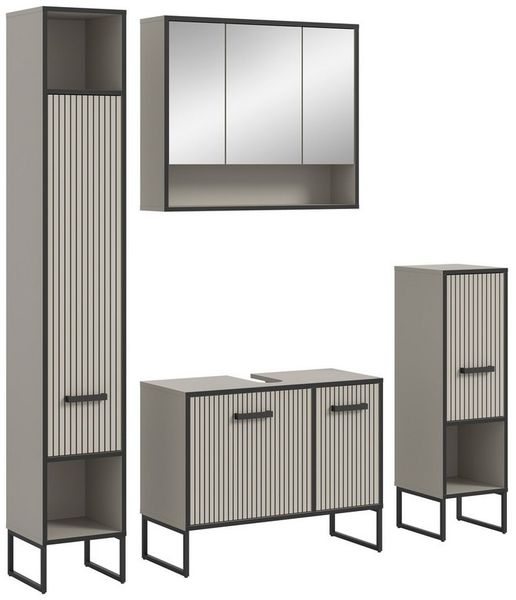 welltime Badmöbel-Set Locri, Breite 170 cm, Rillenoptik, Metallkufen, (4-St), Hochschrank, Waschbeckenunterschrank, Spiegelschrank, Standschrank