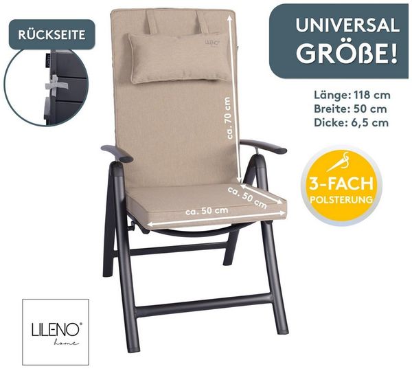 LILENO HOME Hochlehnerauflage mit Kopfkissen, bequeme Sitzauflage für Gartenmöbel, Stuhlkissen, (1er Set), Polsterauflage in Taupe, Sitzpolster waschbar für Klappstühle
