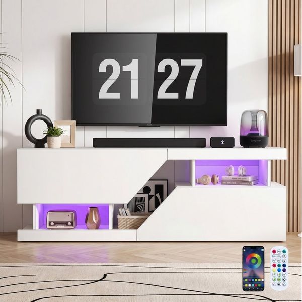 oyajia Lowboard TV-Schrank, Fernsehschrank mit RGB-LED und Stauraum (für Fernseher bis 65 Zoll), TV-Schrank mit Mit 2 Türen, Regalen und viel Stauraum, 140 x 35 x 49.5 cm