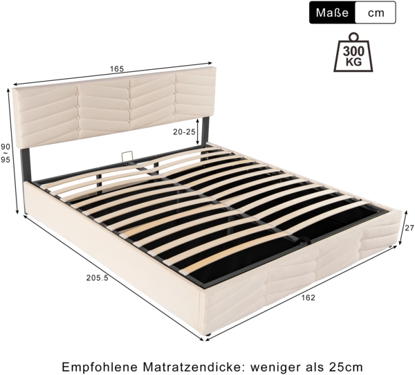 Polsterbett mit höhenverstellbarem Kopfteil,205.5*165*90-95 cm, Beige Stauraumbett,inklusive Taschenfederkern Bild 7