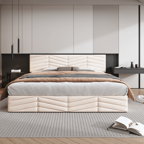 Polsterbett mit höhenverstellbarem Kopfteil,205.5*165*90-95 cm, Beige Stauraumbett,inklusive Taschenfederkern Bild 3