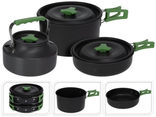 Koopman Kochtopf Campingtopf 3tlg Ø 17 cm KLEIN MINI, Aluminium (3-tlg), 3 Größen, Klappbare Griffe, Aluminium, Inkl. Stoffbeutel, Kompakt