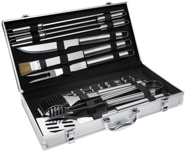 tectake Grillbesteck-Set, 19-teilig, Edelstahl silber