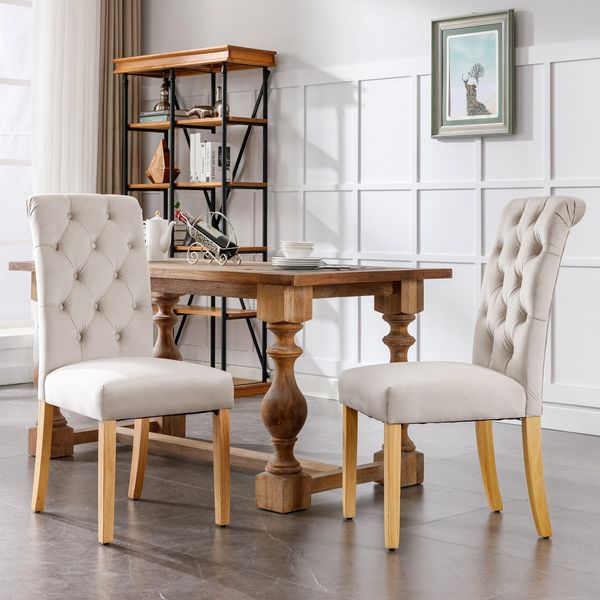 Esszimmerstühle 2er Set 100cm×43cm×63cm Beige mit Samtbezug, Massivholzbeinen aus Eiche und Knopfakzenten