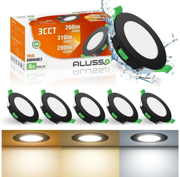 ALUSSO LED Einbaustrahler 6er-Set, Decken Leuchte, Flach Strahler für Bad, Wohnzimmer, 230V, 4W, 55-68 mm, Rund, Schwarz