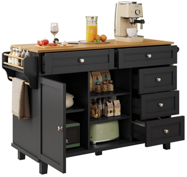 OKWISH Küchenwagen mit Holzarbeitsplatte, (Esszimmerwagen, Kücheninsel, Servierwagen, Küchenschrank, 1 St, 5 Schubladen, 1 Tür, 3 offenen Regalbereich), mit viel Stauraum, 5 flexible Gleiträder/ 4 festen Stützfüße