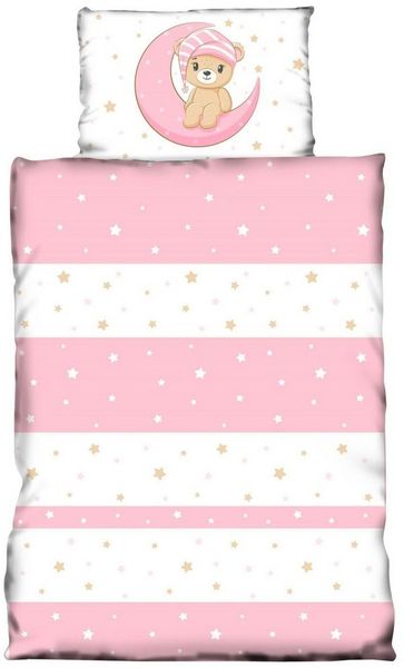 One Home Babybettwäsche Teddy Bären, Mikrofaser, 2 teilig, Mond und Sterne für Mädchen, Kinder und Babybetten geeignet