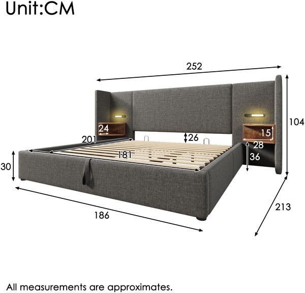 Polsterbett 180x200 cm mit Stauraum & Ladefunktion,Bett mit Touch-Leselampe,USB/Type-C Ports & Regal,Grau Bild 9