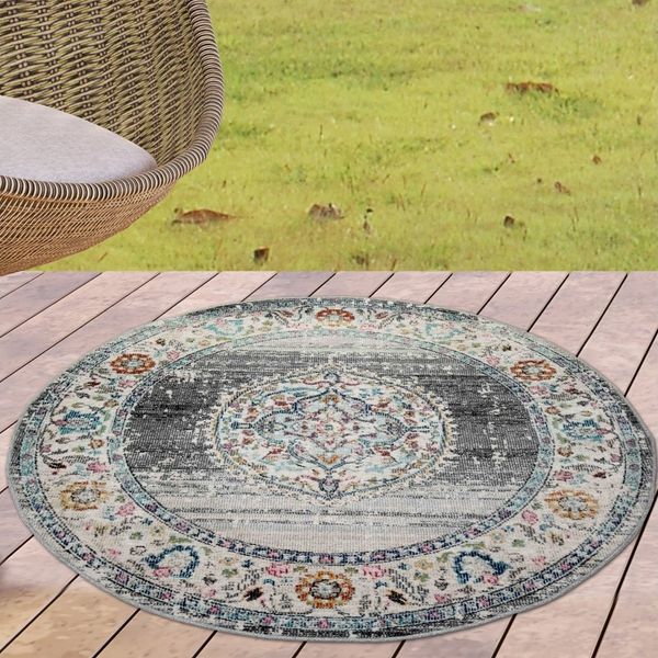 Carpetia Outdoorteppich In- und Outdoor, rund, Höhe: 5 mm, mit orientalischem Vintage-Ornamentmuster