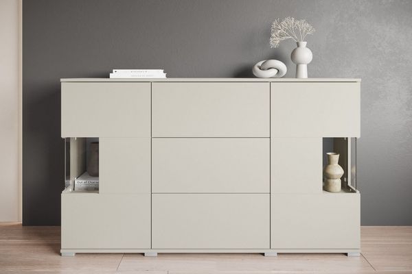 OTTO home Sideboard Kenia (1 St), Sideboard mit 3 Schubladen, 6 Fächern, Glastüren, Breite 150 cm