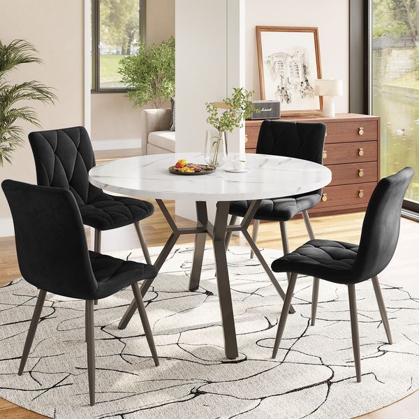 Esstischgruppe rund H 75 x T 100 x B 100 cm MDF mit Marmoroptik & Stahlgestell mit 4 Stühlen