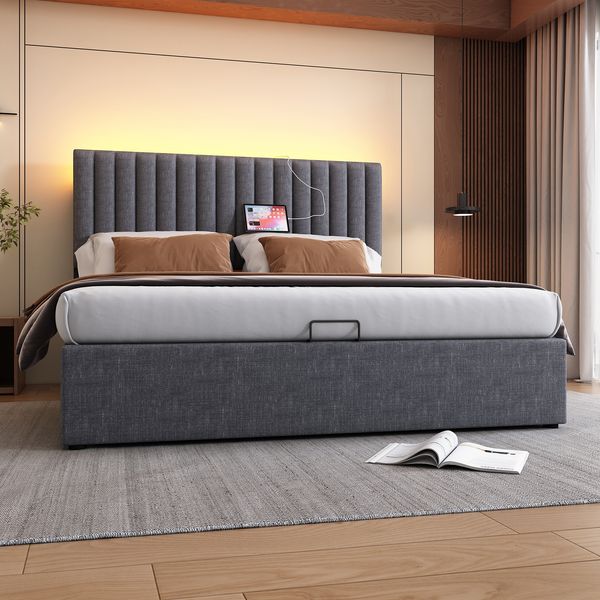 Polsterbett 160×200 cm aus Leinen-Stoff mit LED-Beleuchtung, USB-C-Anschluss und Stauraum, grau
