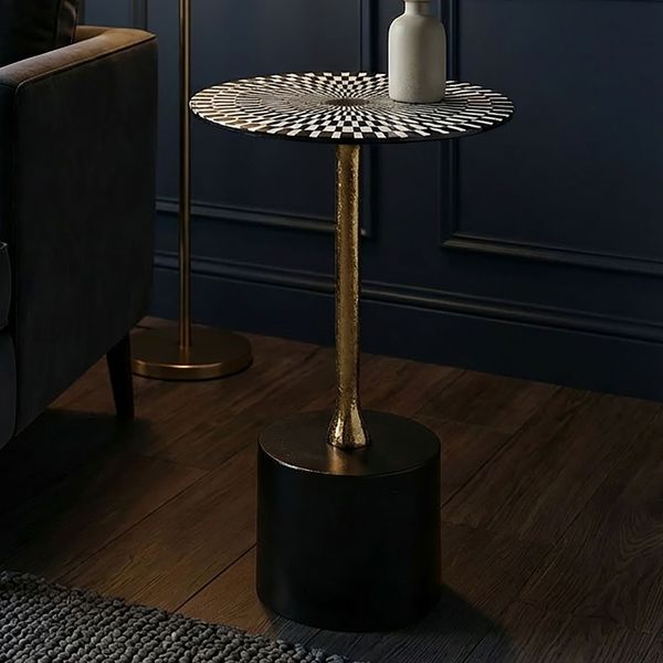 FINEBUY Beistelltisch FB113683 Anstelltisch Metall Abstelltisch Wohnzimmertisch Rund Muster (Dekorativer Tisch für moderne Wohnräume), Op-Art-Muster Tischplatte mit starkem Design